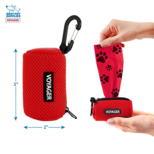 Image of Best Pet Supplies Dog Poop Bag Holder Leash Attachment with Reusable Dispenser for Travel, Walking, Park, and Outdoor Use, Durable with Clip-On - Red, Pack of 2, Mesh Dispenser w /30 Bags