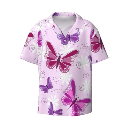 Chemise manches courtes homme rose imprimé papillon, haut d'été décontracté chic avec poche