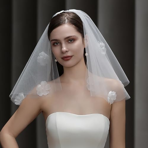 Floral Veil Short Bachelorette Party 3D Flower Wedding Veils for Brides, 2 Layers White Tulle Pearl Veil with Clip Elegant Bridal Accessories for Women and Girls2