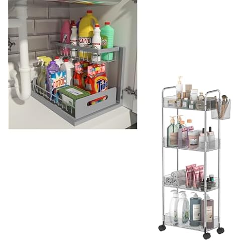 REALINN 1 Pack Grey Under Sink Organizer + 1 Pack Clear Grey Rolling Storage Cart Bundle Cover