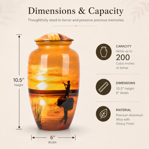 Image of Fishing Cremation Urn for Human Ashes - Large Urn for Adult Male or Female, Holds Up to 200 lbs - Yellow Memorial Urn with Black Velvet Bag