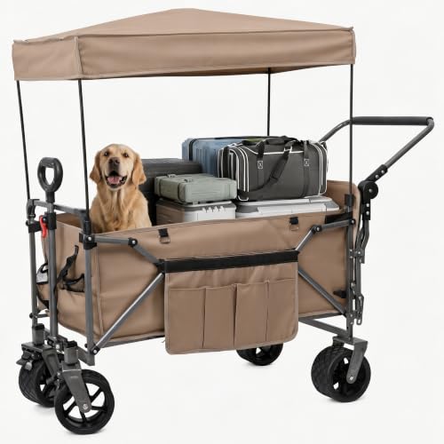 LAUSAINT HOME 3-in-1 Folding Pet Wagon for Dogs, Heavy Duty Dog Cart with Wide Wheels, All-Terrain Collapsible Wagon for Beach, Shopping & Camping(L,Khaki)
