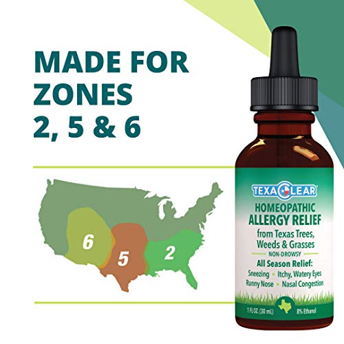 Texaclear Natural Allergy Relief Drops Homeopathic, Non-Drowsy, Safe, Effective Remedy - Over 100 Extracts From Trees, Weeds & Grasses + Drainage Remedies, Made For Texas & Zones 2,5,6 - 1Oz #TOP2