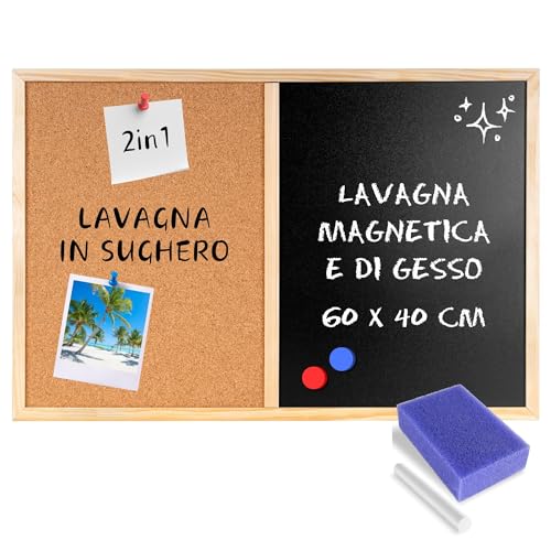 Creative Home Lavagna metà Sughero metà Magnetica 57 x 40 cm, anche Lavagna per Gesso | Cornice in Legno + 5 Magneti, Gesso, Spugna e Puntine | Bacheca Cucina da Parete per Ristorante, Scuola, Casa