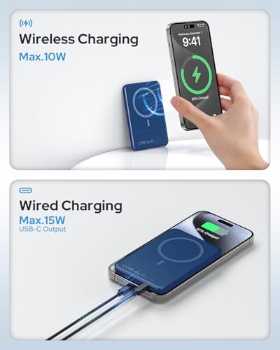 for Magsafe Portable Charger, 5000mAh Wireless Magnetic Power Bank with USB C Charging,Travel Essential for Magsafe Battery Pack Compatible with iPhone 17/16/15/14/13/12 Series, Navy Blue - Image 6