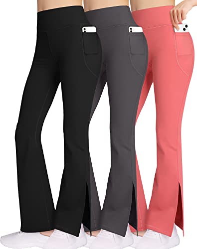 Girl Flare Pants with Pockets for Exercise Workout-Split Leg Tummy Control Stretchy Pants 3 Pack