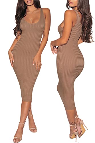 Women's Sexy Bodycon Tank Dresses Sleeveless Ribbed Knit Midi Club Dresses Small #TOP6