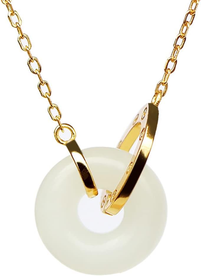 Natural Jade Donut Pendant Necklace for Women Grils, White Gemstone Gold Plated Pendant with Good Fortune, Length Adjustable, 18''