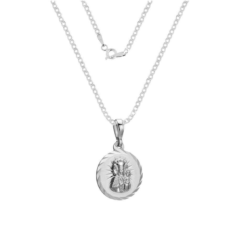Collier gourmette en argent sterling 925 poli avec médaillon de la Vierge noire de Csinstochau - Bijou religieux élégant