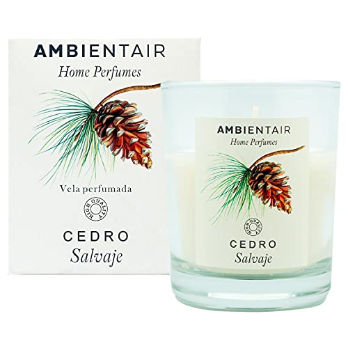 Ambientair Home Perfume. Vela aromática Cedro Salvaje, ambientador de cedro, Vela aromática para casa, Aromaterapia, Vela en vaso de cristal para interiores. Duración 30 horas.