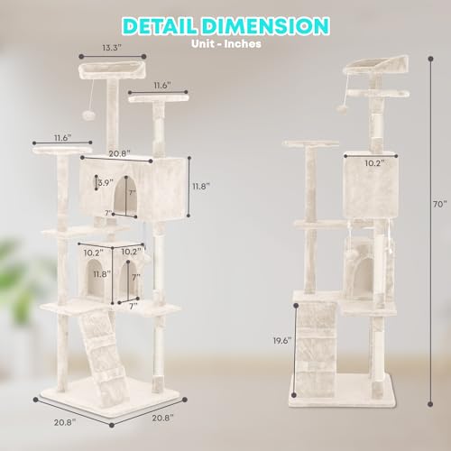 FDW | 70" Cat Tree Tower | Beige | Multi-Level Indoor Activity Center with Sisal Scratching Posts, Condos, Plush Perches, Hanging Cat Toys | Sturdy, Easy to Assemble | for Kittens & Adult Cats by FDW - Image 7