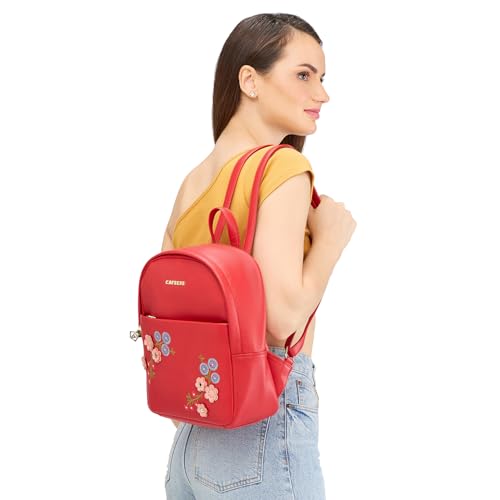 Image of Caprese Erica Casual Backpack, Medium | Floral Embroidered Backpack for Women with Adjustable Shoulder Strap & Secure Zip Closure | Spacious, Versatile for Everyday Outings and Travel