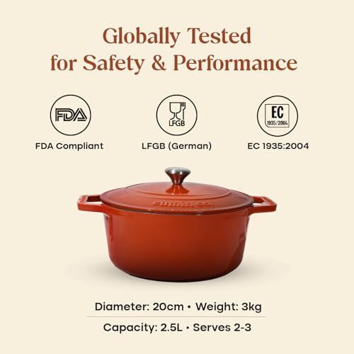 Image of CUMIN CO. Cast Iron Dutch Oven 2.5L, 20 cm | Induction Base Cookware | 10 Years Warranty | Non Toxic Non Stick Biryani Pot with Lid | Heavy Bottom | Chemical Free Coating | Free Accessories | Color: Rust