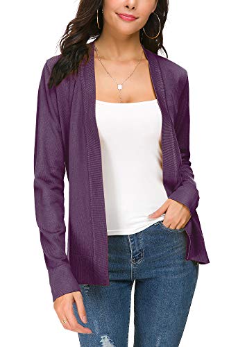 Women's Knit Cardigan Open Front Sweater Coat Long Sleeve (L, Purple) #TOP2