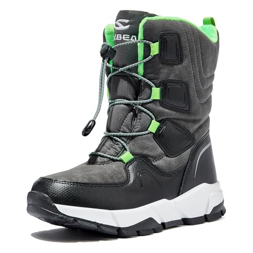 HOBIBEAR Kids Snow Boots Boys Girls Mid Calf Waterproof Warm Faux Fur Lined Insulated Winter Shoes Black/Green, 4 Big Kid