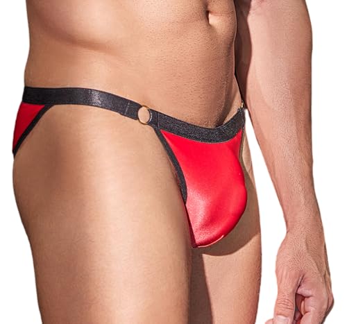 FEOYA Tanga para hombre sexy y brillante, ropa interior sexy, lencería sexy, tanga transparente, con bolsillo, bragas transpirables, elásticas, bragas, rojo, S