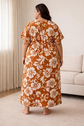 Image of OFEEFAN Women's Plus Size Cotton Nighty, Printed Full Length Maxi Night Gown, Soft Breathable Nightdress Sleepwear for Curvy Women, 3XL to 7XL