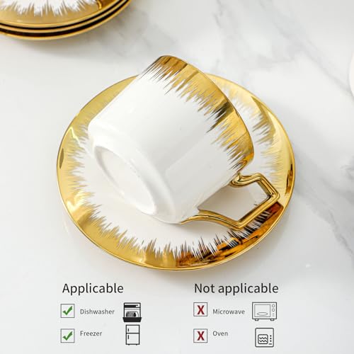 Ceramiczny zestaw filiżanek do kawy, 6-częściowy kubek do układania w stos ze spodkami do espresso lub herbaty, elegancki wystrój kuchni domowej, 250 ml ze złotą krawędzią