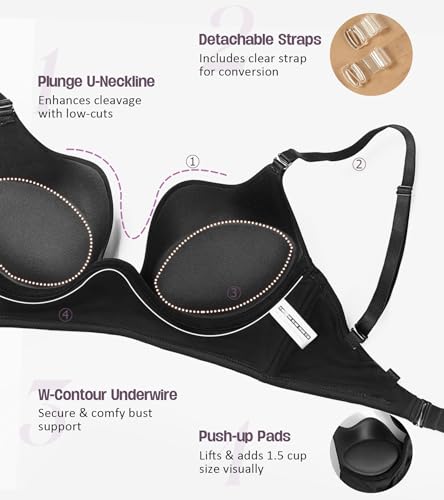 Image of Lemorosy Plunge U Backless Push Up Bra Multiway Convertible Low Cut Lifting Support Underwire Bras for Women