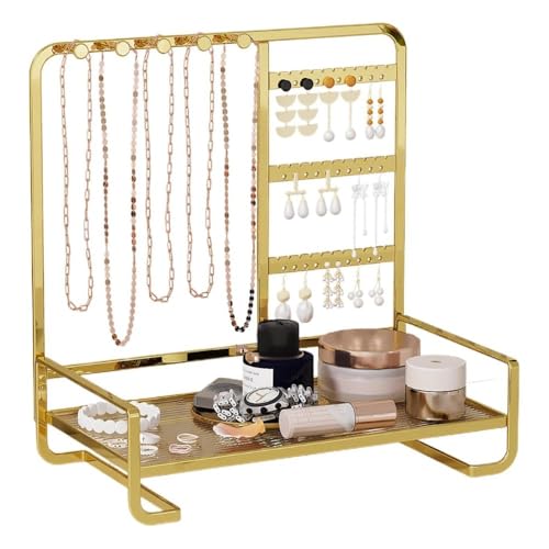 Image of SMILEDRIVE Premium Metal Jewelry Stand Organizer, Gold | Sleek Tabletop Holder, For Necklaces, For Earrings, For Rings & Bracelets