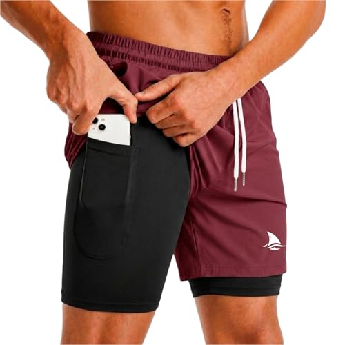 Image of Boldshark Men's 2-in-1 Running Shorts with Inner Compression Layer, Quick-Dry Sports Shorts with Phone Pocket for Gym, Running & Training