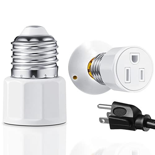 E26/ E27 3 Prong Light Bulb Socket Adapter, Polarized Light Socket Outlet, Light Socket to Plug Adapter Socket Converter, Light Bulb Plug Adapter for Patio, Garage, Porch (White,1 Pack)