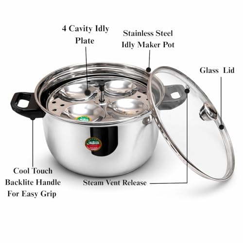Image of Ankur Gold Stainless Steel Idli Cooker with Glass Lid | 4 Idli Plates (Regular Idli Plates) | Induction Compatible Bottom | Food Grade Stainless Steel Idli Maker | Steamer for Soft Idli