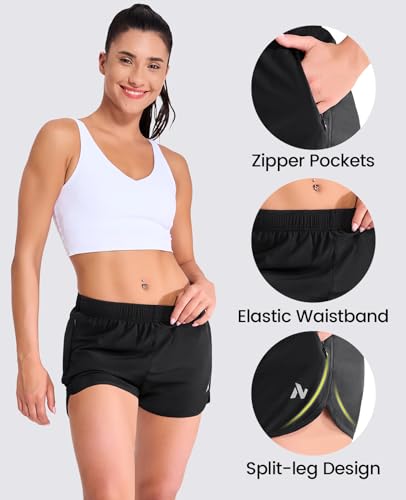 Nepest Women'S Elastic Waist 3 Inch Running Shorts Dry Fit Zipper Pockets Stretch Mesh Lined Workout Training Tennis Athleticwear Black/Black M thumb #3