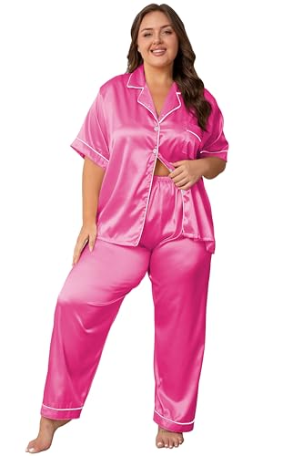 Image of Vozanet Women's Button Down Satin Pajama Sets Silky Short Sleeve Top & Pants Plus Size Loungewear Classic Sleepwear XL to 5XL