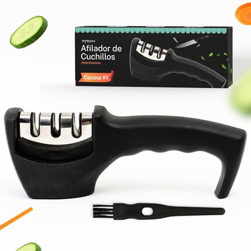 Pyron Afilador De Cuchillos Manual Profesional Afilado En 3 Pasos, Diseño Seguro Con Base Antideslizante, Cabezal Extraíble Y Cepillo De Limpieza Para Cuchillos De Cocina Y Jamoneros