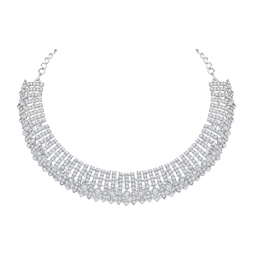 Image of Atasi International Silver Plated White Crystals American Diamonds Stylish Necklace Set with Earrings and Maang Tikka for Women and Girls | Stylish Jewellery for Party, Wedding and Festive Occasions (R6158)