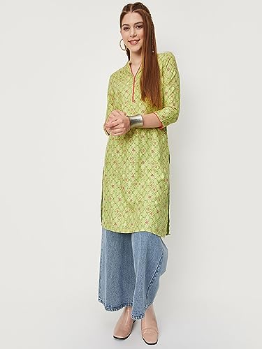 Image of Max Women Rayon Regular Fit Printed Regular Kurta with Contrast Piping