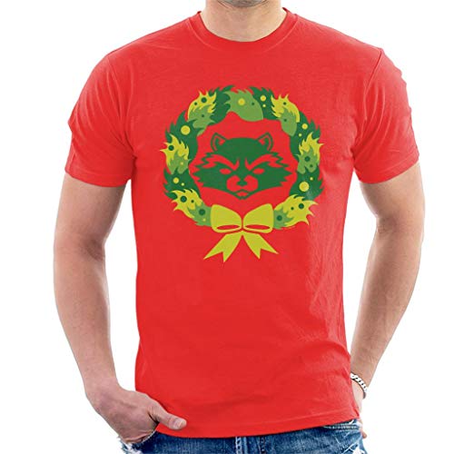Image of Marvel Christmas Guardians of The Galaxy Rocket Raccoon Xmas Wreath Men's T-Shirt Red