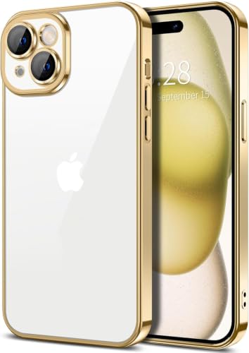 Image of VONZEE Electroplated Clear Transparent Case Compatible with iPhone 15 Plus, Luxury TPU Cover, Full Body Protection, Individual Lens Camera Protection, Slim Shockproof Protective Phone Case, Gold