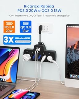 Presa Multipla Salvaspazio,Ciabatta Elettrica Multipresa con Interruttori Indipendenti,Multipresa 5 Posti Polivalenti P40 10/16A Italiana Tedesca Universali Schuko Bipasso,Spina 16A,Cavo Corto,Nero