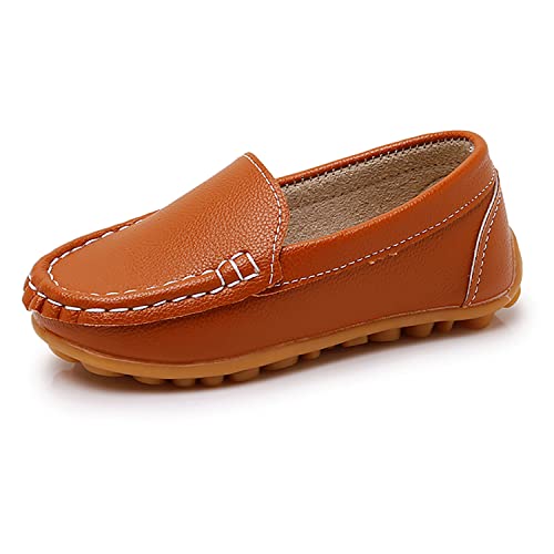 Sofmuo Boys Girls Leather Loafers Slip-On Oxford Flats Boat Dress Schooling Daily Walking Shoes(Toddler/Little Kids) Light Brown,28 #TOP26