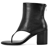 Rhineshell Women's Flip Flops Sandal Open Round Thong Toe Ankle Boots Solid Color Back Zipper Heeled Sandals Chunky Block High Heels Faux Leather Shoes Black Size 8