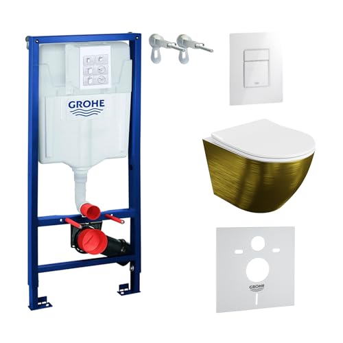 LAVITA | Élément mural Solido + WC suspendu Sofi Slim doré brossé sans bord + abattant WC SoftClose | Bouton blanc brillant | Kit complet | Réservoir de chasse encastré | Kit complet | Kit complet |