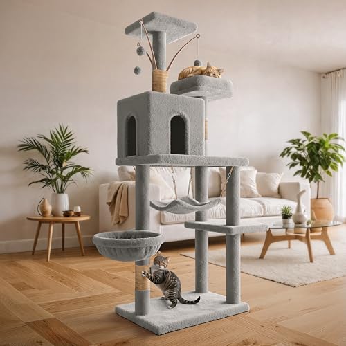 Miniatura 2 de Jupplies Árbol Rascador Para Gatos 143 Cm Torre De Actividades Con 5 Plataformas, 3 Nidos, 1 Casa Y Hamaca, Postes De Sisal Y Base Estable 60 40 Cm Castillo Gris Para Hogares Con Varios Gatos