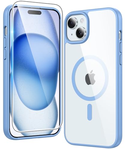 Image of FNTCASE for iPhone 15 Case Clear: iPhone 14 /13 Case Magnetic Phone Cases with Screen Protector Compatible with Magsafe Slim Anti Yellowing Rugged Protective Transparent Cell Cover (B-Sierra Blue)