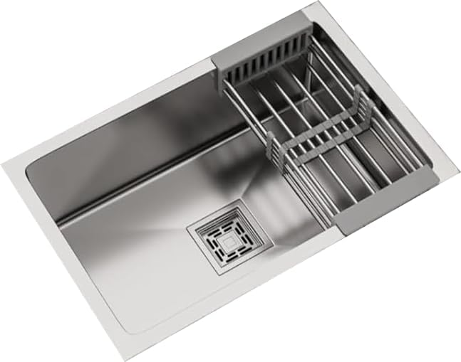 PAINITE 24 x 18 x 10 Handmade MATT Finish Single Bowl 304 Grade Stainless Steel Kitchen Sink/Kitchen Basin With Square Drainer and SS Fruit Basket