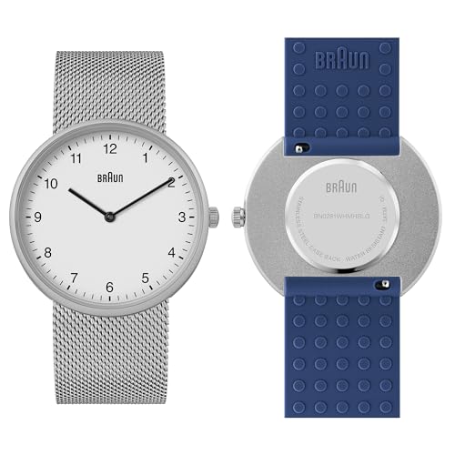 Braun 2-Hand Analogue Quartz Watch, White Dial and Stainless Steel Mesh Strap with Additional Blue Silicone Rubber Strap, Quick-Release Spring Bars, 38mm, Model BN0281WMHMBLG