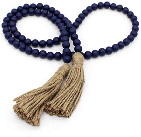 CVHOMEDECO. Wood Beads Garland with Tassels Farmhouse Rustic Wooden Prayer Bead String Wall Hanging Accent for Home Festival Decor. Natural