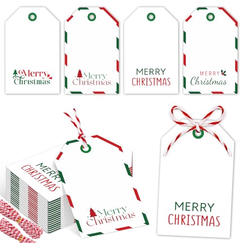 auroray Personalizing Christmas Gift Tags 96 Pack Thick Cardstock Labels with 66ft Red & White String - Merry Christmas Name Tags Stickers Labels for Holiday Presents Gift 2 x 3 Inch - 4 Designs