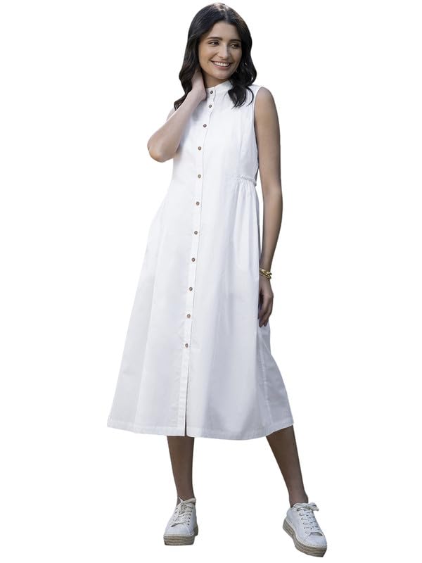 pink fort Women's Cotton Poplin Mandarin Neck Dress - White-picture-37