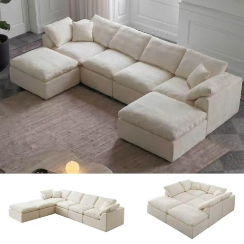 Image of Cloud Couch Sectional for Living Room, Modular U Shaped Boneless Sofa with Chaise, Compressed No Assembly Couch, Deep Seat Chenille Upholstered Convertible Sofa Bed(U-Shaped Pearl White)