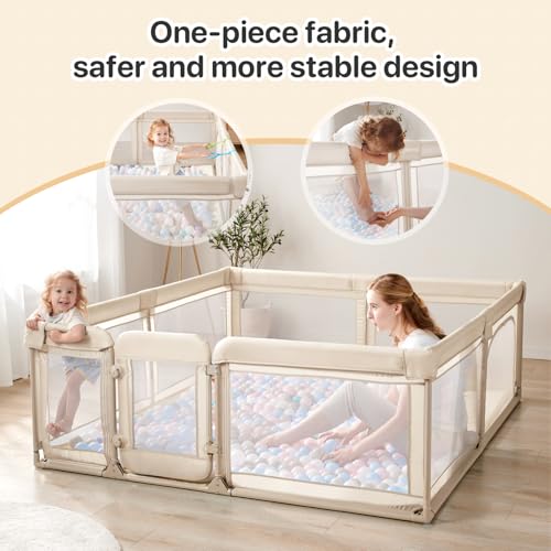 Image of Baby Playpen for Babies and Toddlers, 59 x 79in Large Playpen with Double Door, Full Steel Frame & Oxford Fabric, 0-24 Months Safe Play Area for Infant and New Parents(Khaki)