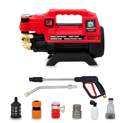 Image of RBW High Pressure Washer with Brass Coated Pump | 120-150 Bar Spray Gun with 26 Feet Hose Pipe | 7 L /M Water Flow for Home, Car, Wash Cleaning Purpose (P-400,Red)