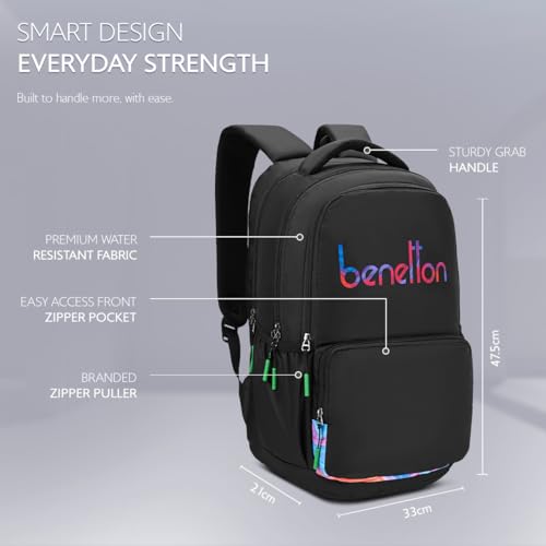 Image of United Colors of Benetton Unisex High-School Backpack METEORITE | Printed Daypack with 3 Compartments, Airmesh Padding | Backpack for School Girls and Boys | 33L Capacity