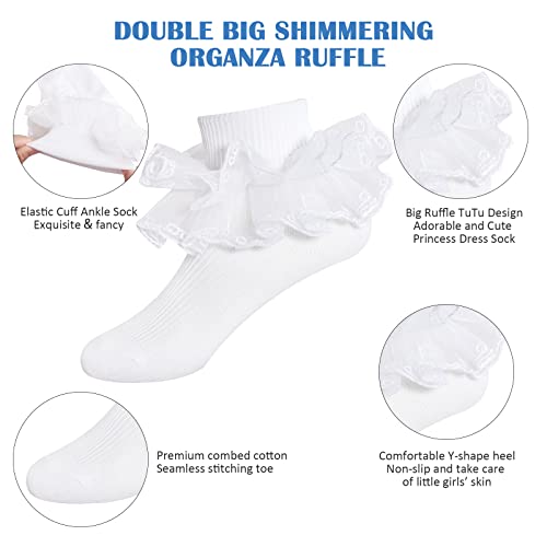 Looching Toddler Girls Big Ruffle Lace Socks Cotton Cute Frilly Princess Dress Sock Kid 1-10Years White/Multicolor 3/4pairs2